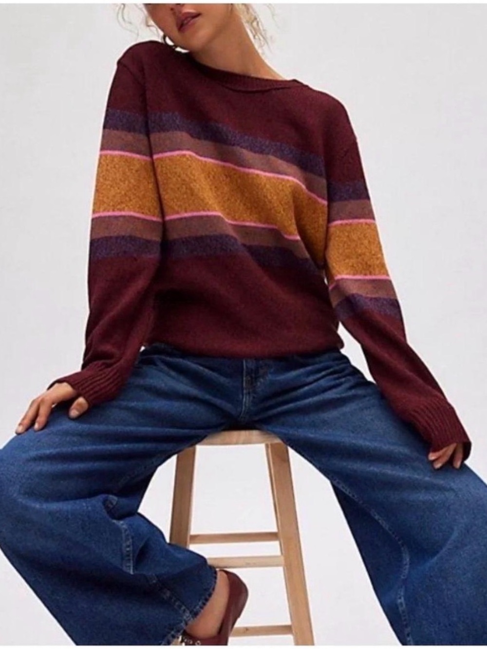 Urban Outfitters x BDG Oaklyn Oversized Crew Pullover Burgandy Strip Sweater